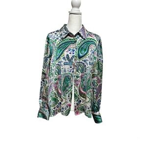 Zara Satin Effect Long Sleeve Paisley Button Up Collared Dress Shirt